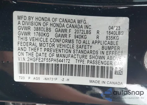 2023 Honda Civic Sport из США, поврежденный, VIN 2HGFE2F55PH544172